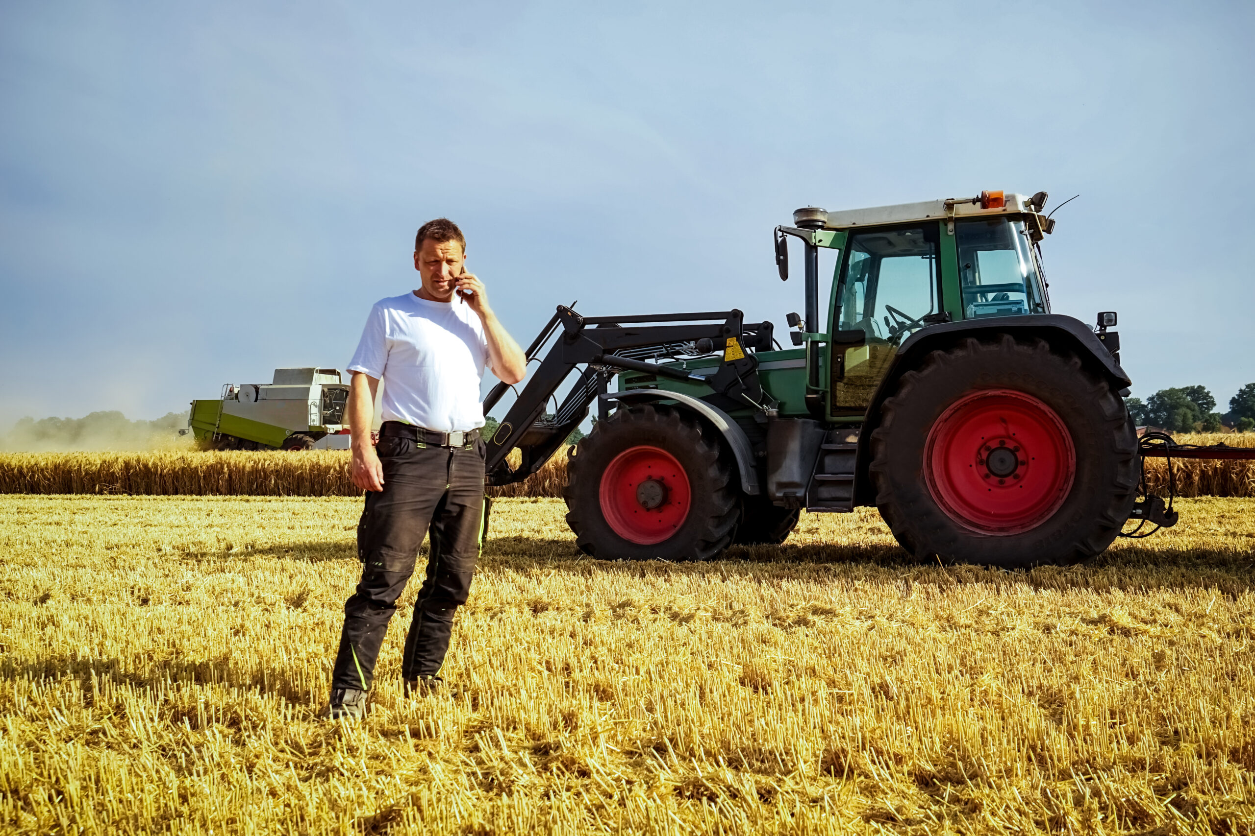 Getreideernte, landwirt telefoniert auf dem getreidefeld